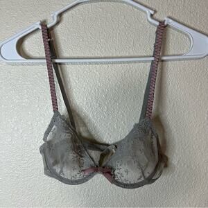 Princesse Tam Tam gray lace pink bow sheer underwire bra 32A
